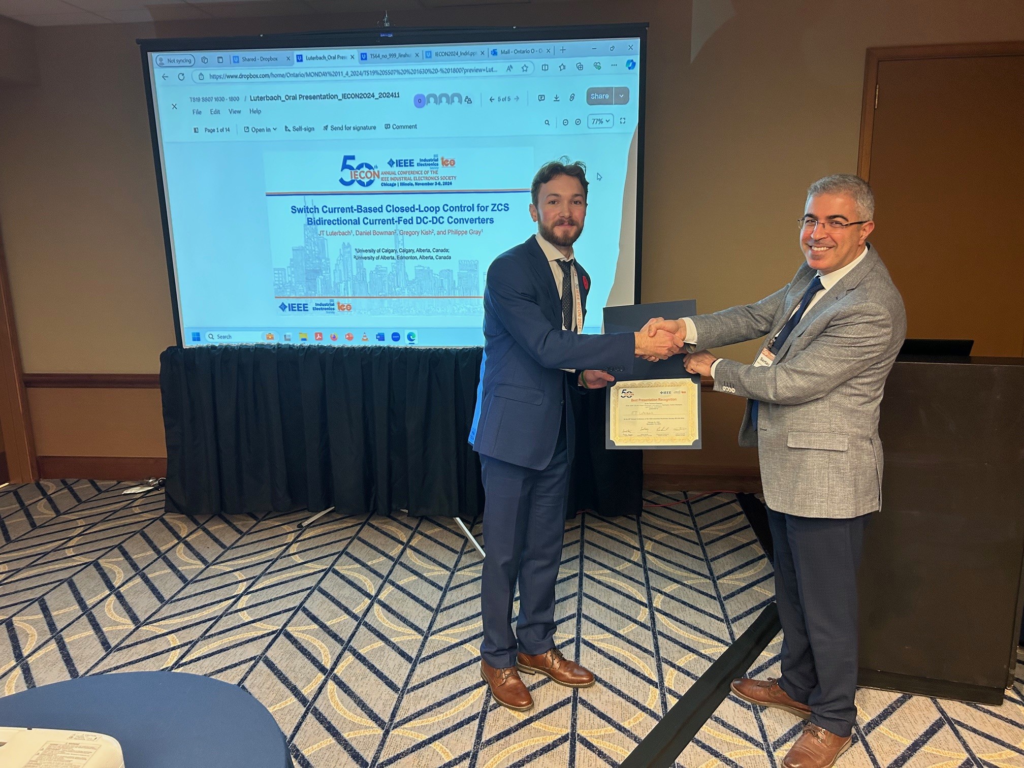 Best Presentation Recognition for JT Luterbach at IECON 2024